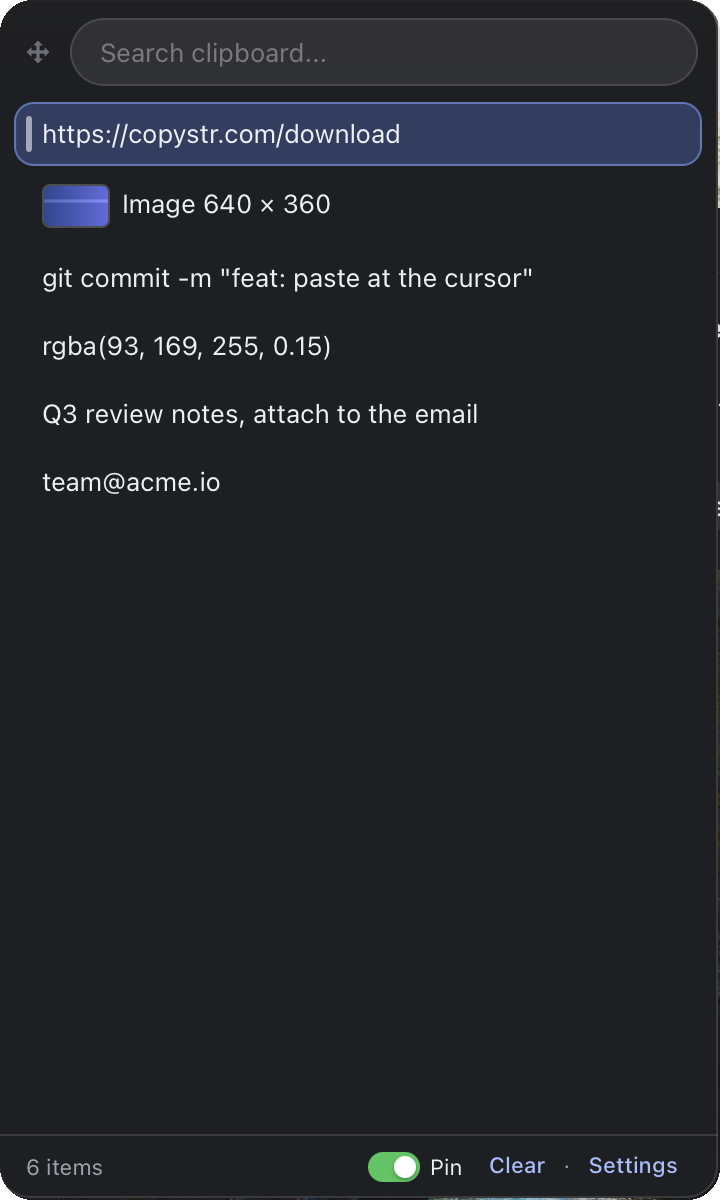 CopyStr clipboard history with a pinned link, an image thumbnail and copied code