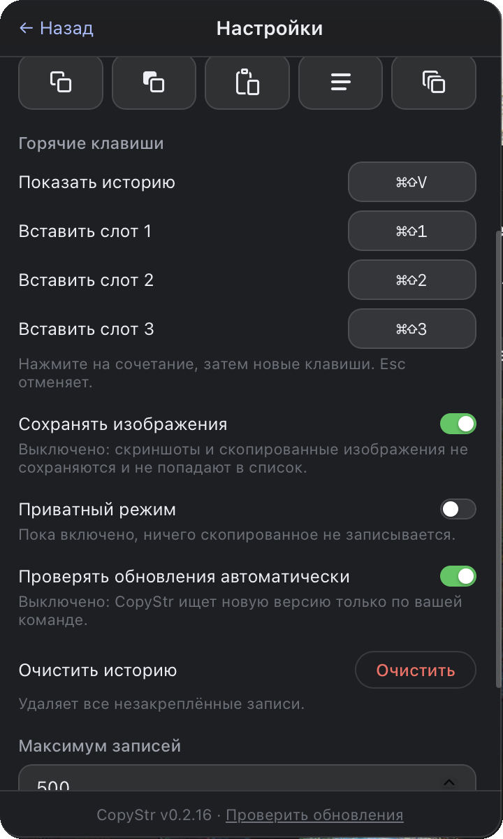 Настройки CopyStr: горячие клавиши, изображения, приватный режим и обновления