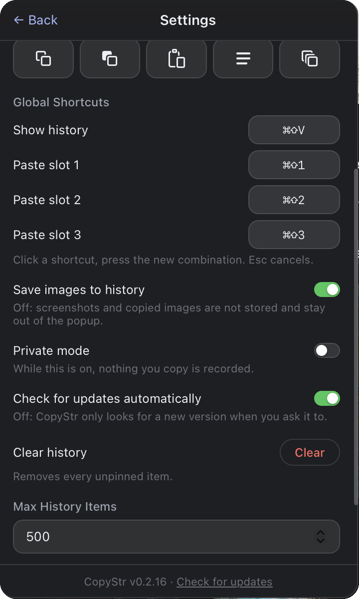 CopyStr settings: shortcuts, images, private mode and updates