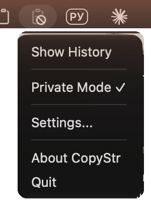 CopyStr in the macOS menu bar with private mode on